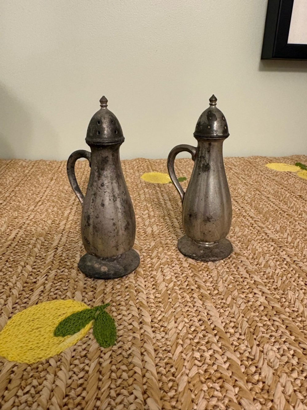 Antique Continental Pewter Salt and Pepper Shakers Set Colonial Revival Art Deco
